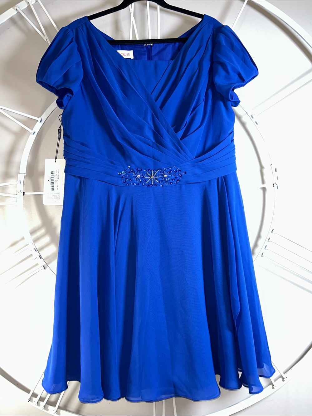 NWT JJs House Chiffon Mini Dress Embellished Waist -45 Bust 38 Waist -Royal Blue